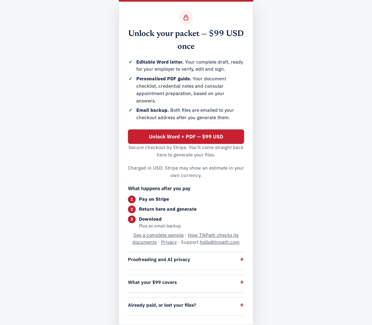 Captura real de la tarjeta de desbloqueo del constructor de TNPath, en inglés: el precio único de US$99 y lo que incluye el paquete
