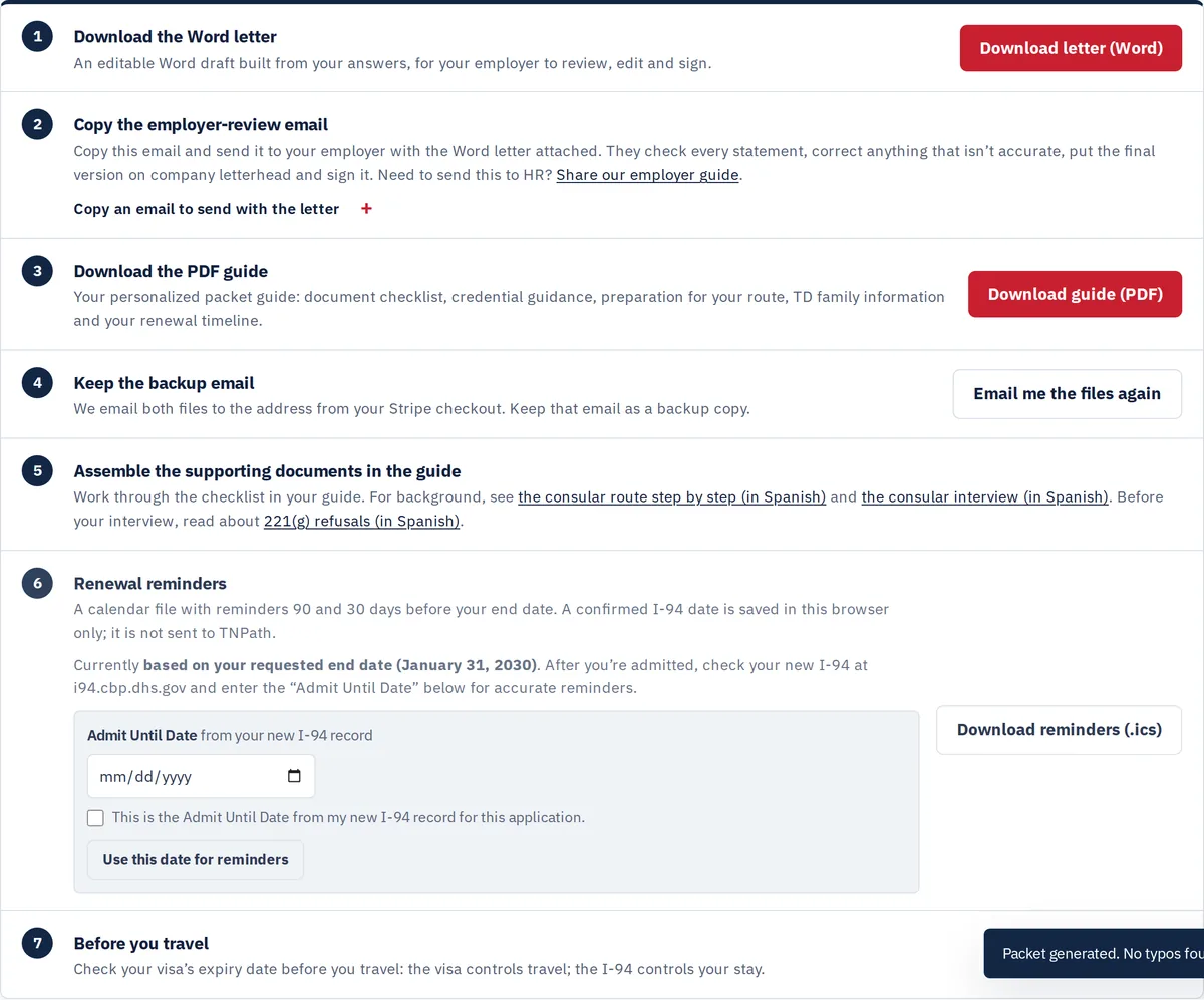 Captura real de la lista de pasos siguientes del constructor de TNPath, en inglés, después de generar el paquete ficticio: los botones de descarga de la carta en Word y de la guía en PDF