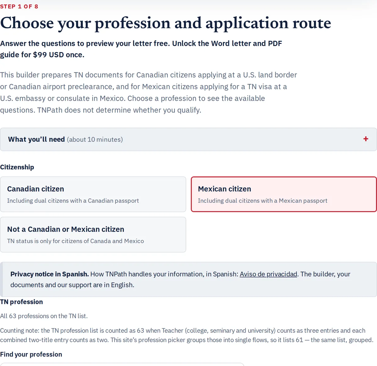 Captura real del paso 1 del constructor de TNPath, en inglés: la pregunta de ciudadanía con la opción Mexican citizen (ciudadano mexicano) seleccionada