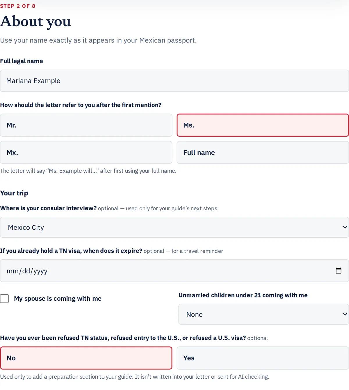 Captura real del paso 2 del constructor de TNPath, en inglés: el nombre completo de la solicitante ficticia y la ciudad del consulado