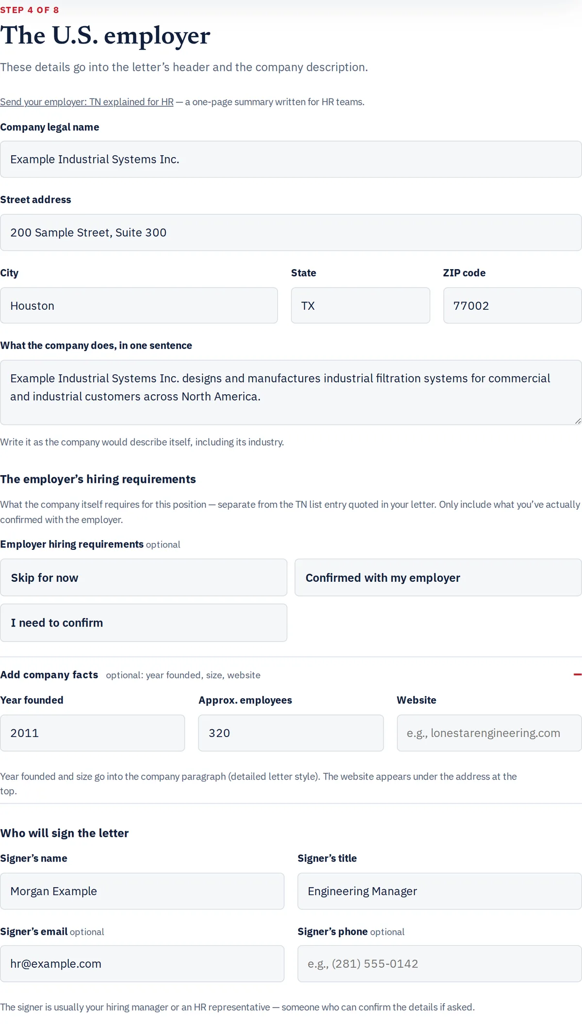 Captura real del paso 4 del constructor de TNPath, en inglés: los datos del empleador ficticio en Estados Unidos y de la persona que firmará la carta