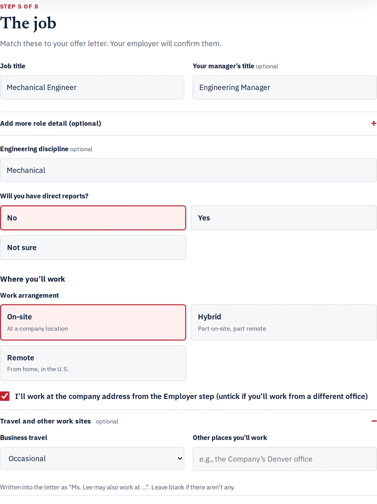 Captura real del paso 5 del constructor de TNPath, en inglés: el título del puesto ficticio, la modalidad de trabajo y la ciudad