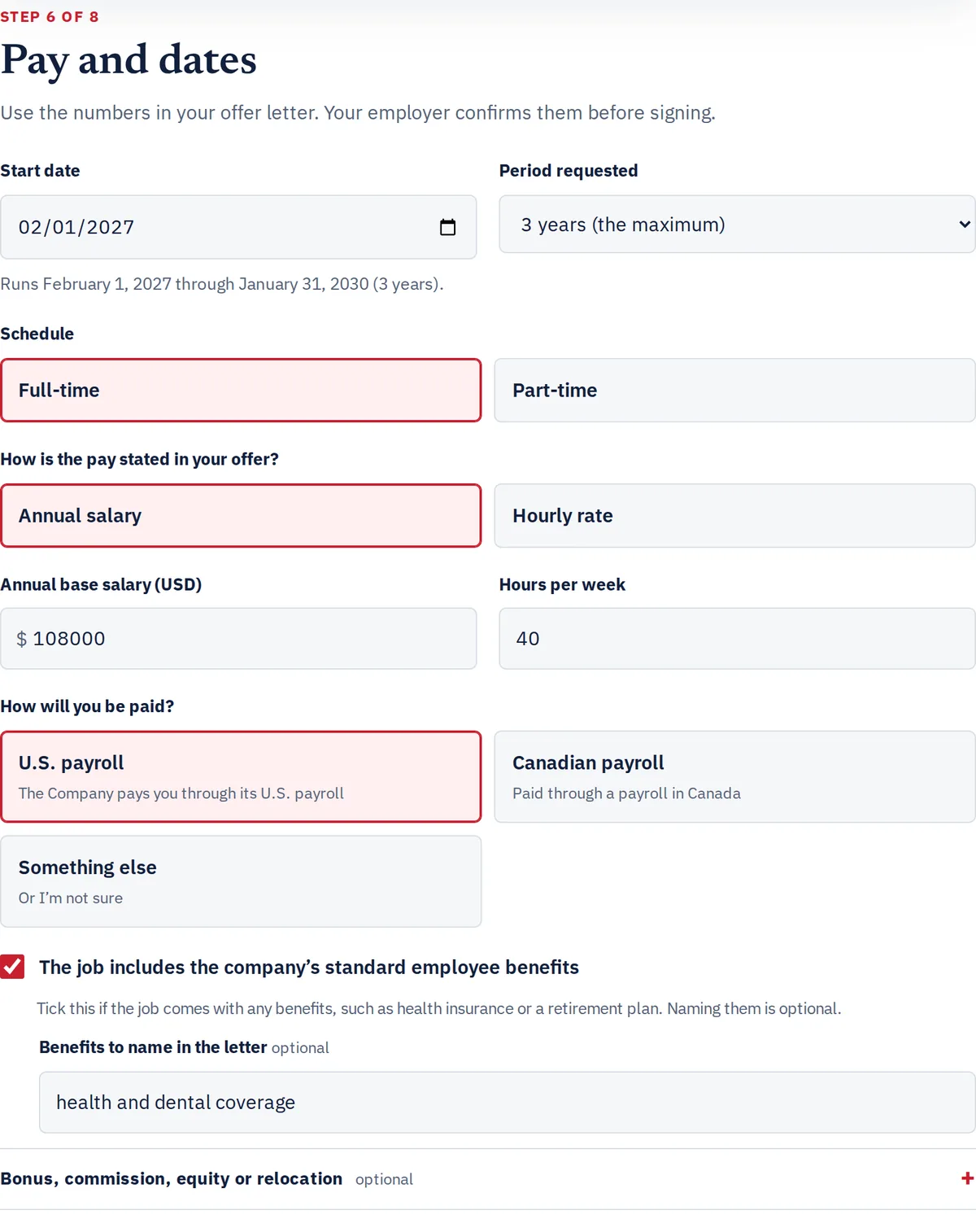 Captura real del paso 6 del constructor de TNPath, en inglés: la fecha de inicio, la jornada y el salario del puesto ficticio