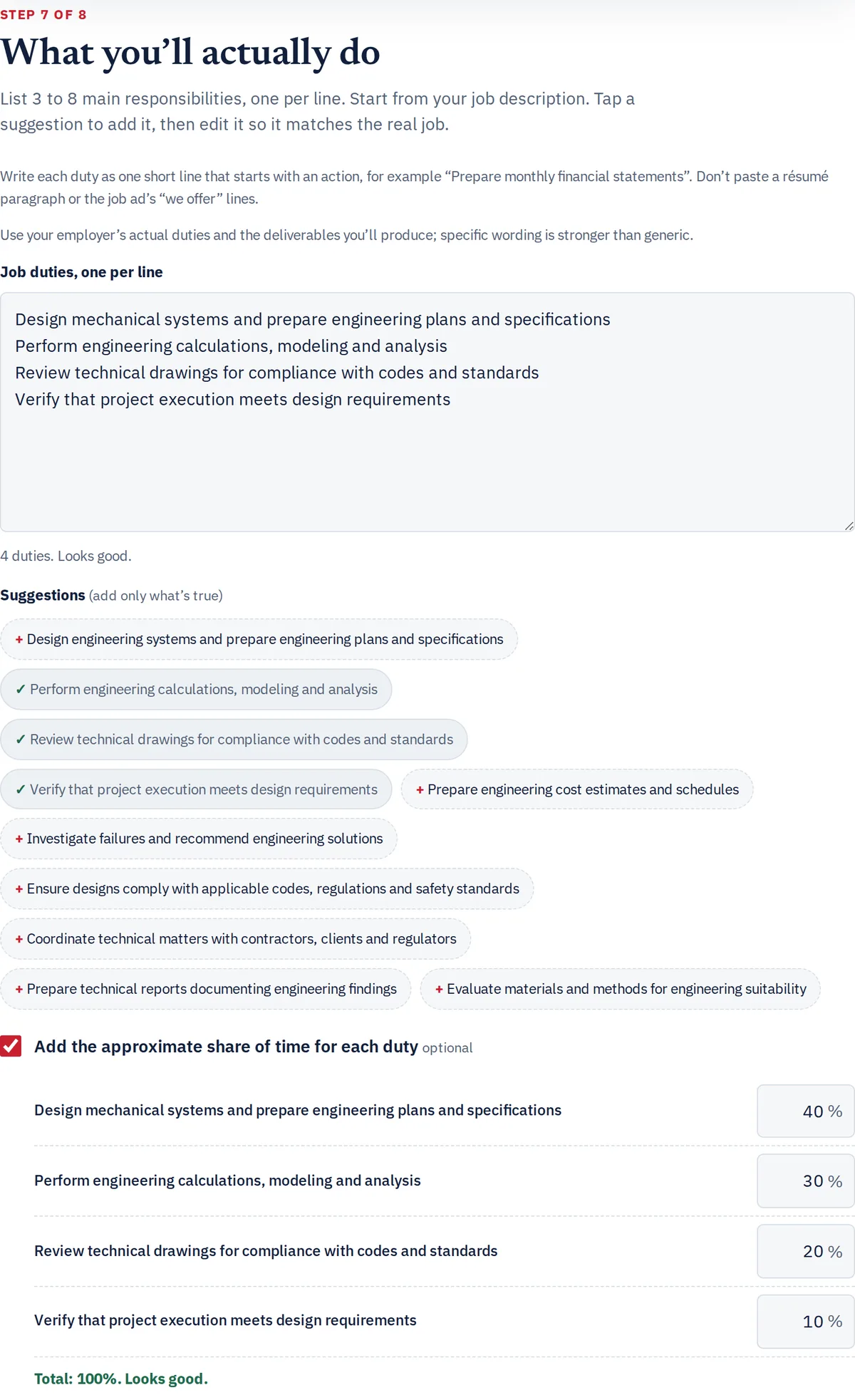 Captura real del paso 7 del constructor de TNPath, en inglés: la lista de funciones principales del puesto ficticio, una por línea