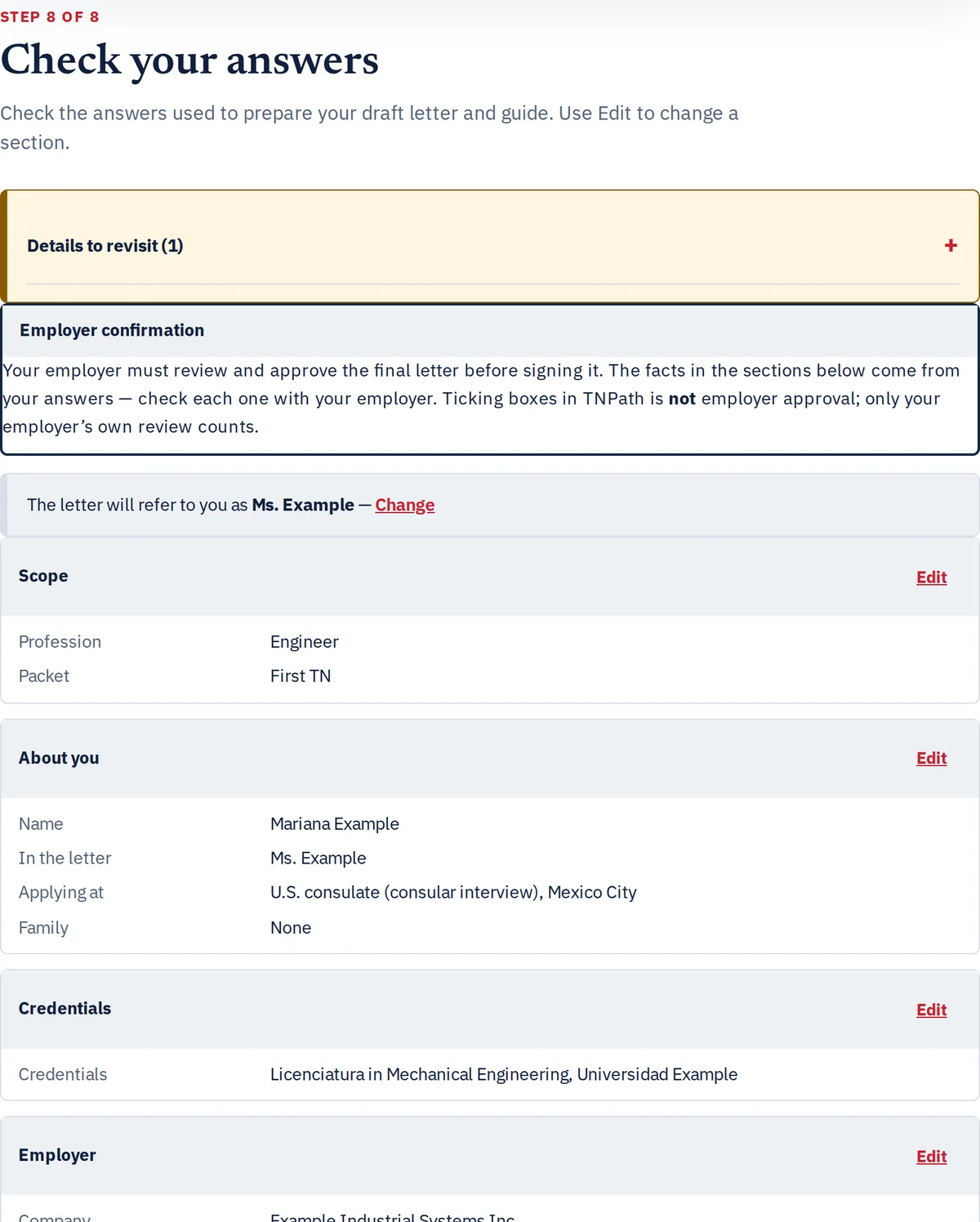Captura real del paso 8 del constructor de TNPath, en inglés: el resumen de todas las respuestas de la solicitante ficticia, agrupadas por sección