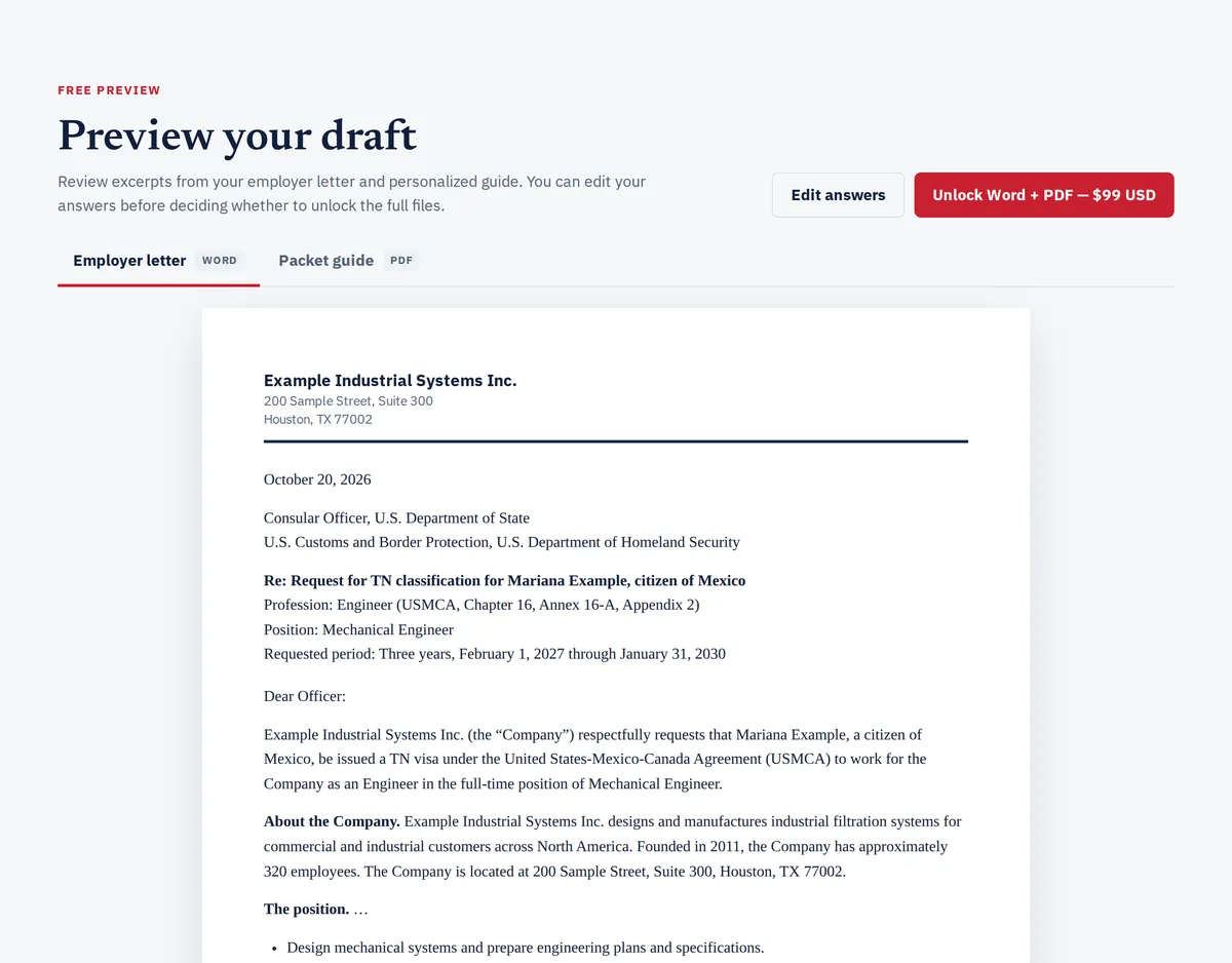 Captura real de la vista previa gratuita del constructor de TNPath, en inglés: el inicio de la carta de la solicitante ficticia, dirigida al oficial consular