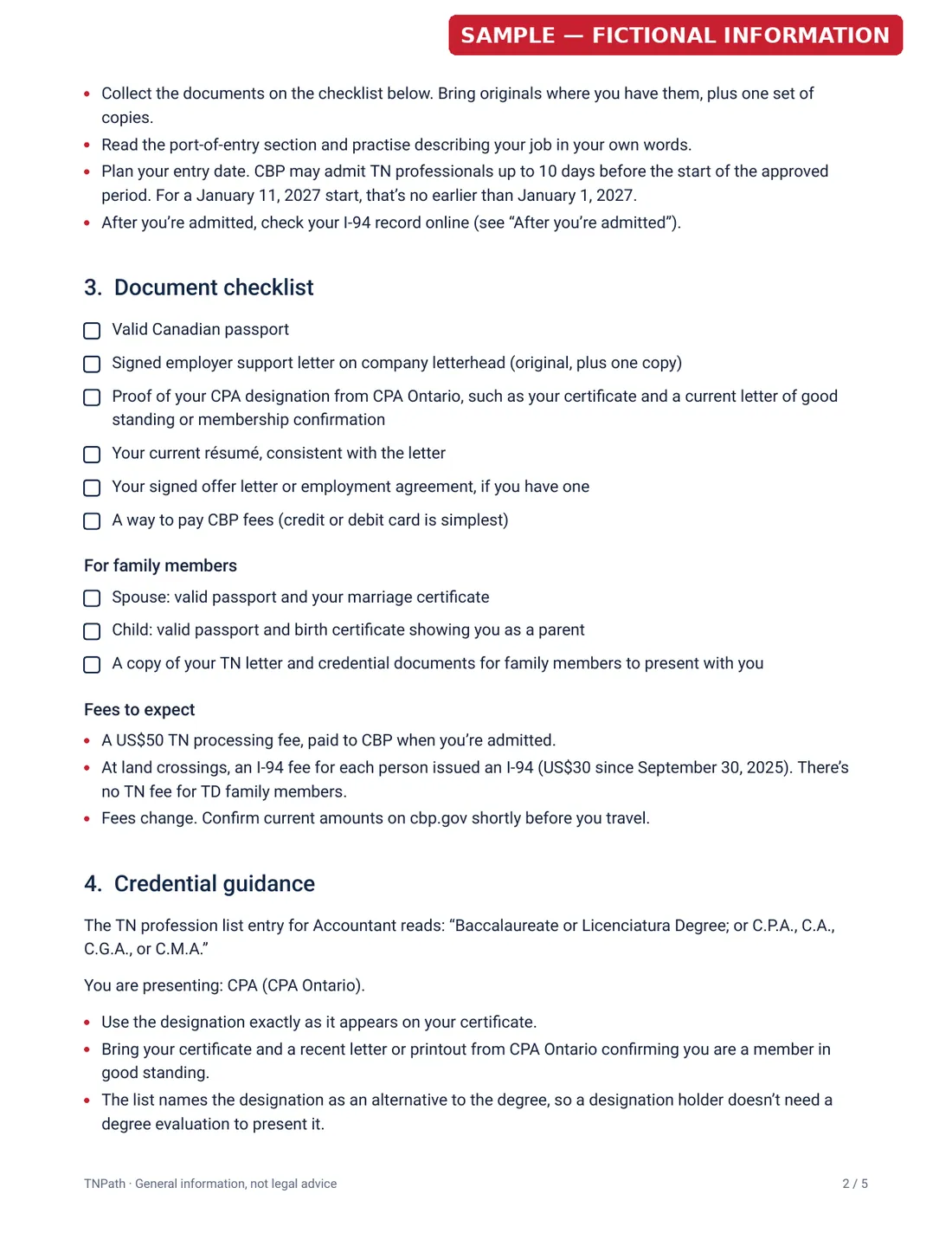 Sample packet guide, page 2 of 5: Document checklist and credential guidance. Fictional applicant.