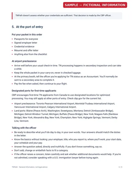 Sample packet guide, page 3: Port-of-entry preparation. Opens a larger view.