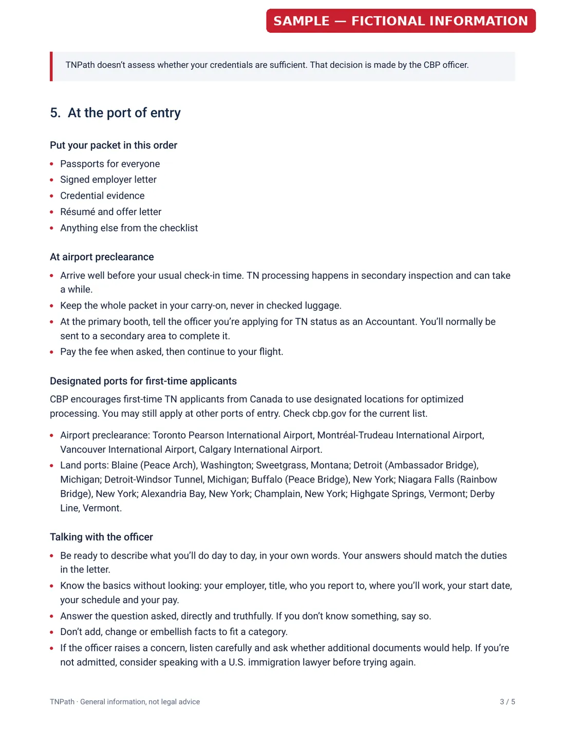 Sample packet guide, page 3 of 5: Port-of-entry preparation. Fictional applicant.