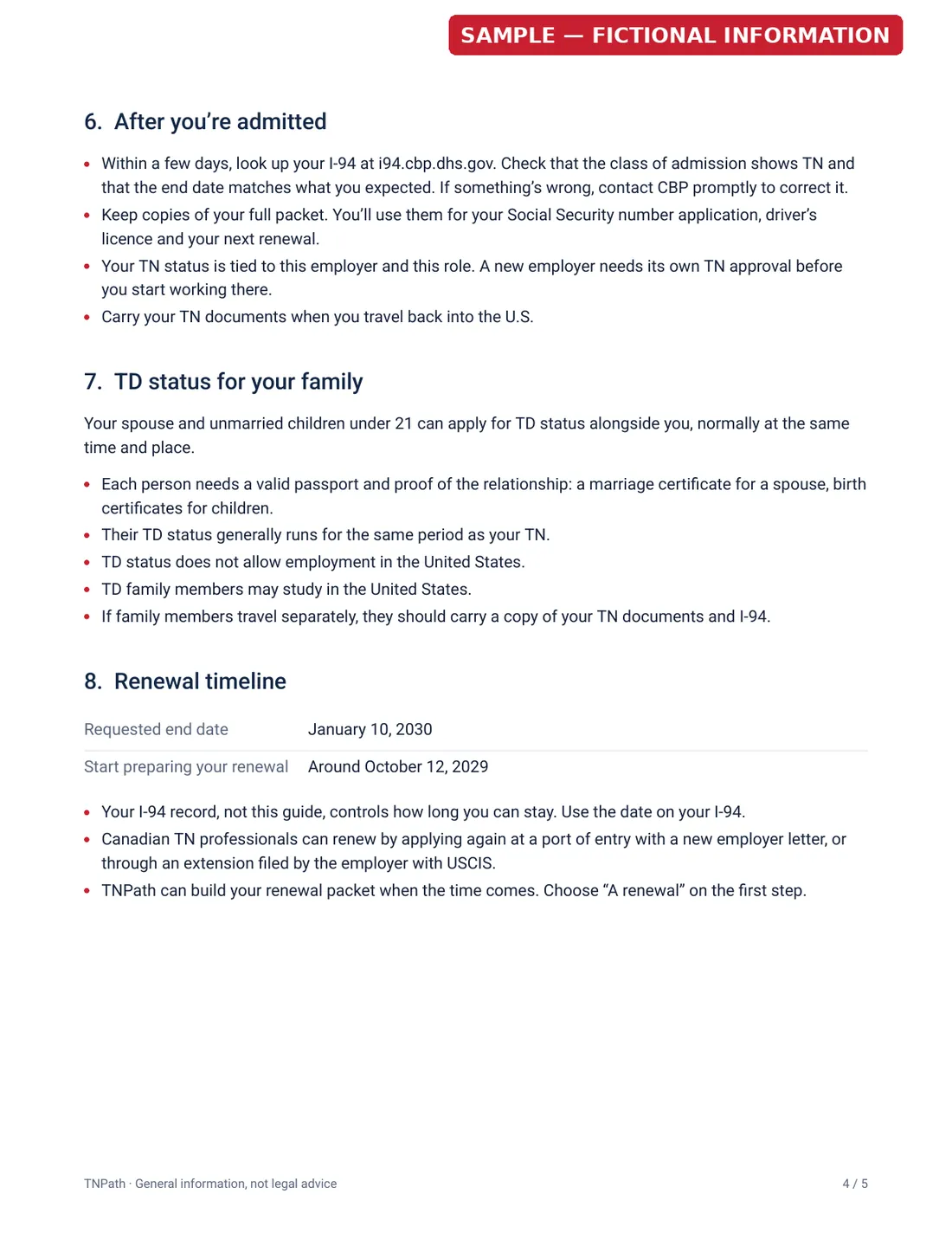 Sample packet guide, page 4 of 5: After admission, TD family status and renewal timeline. Fictional applicant.