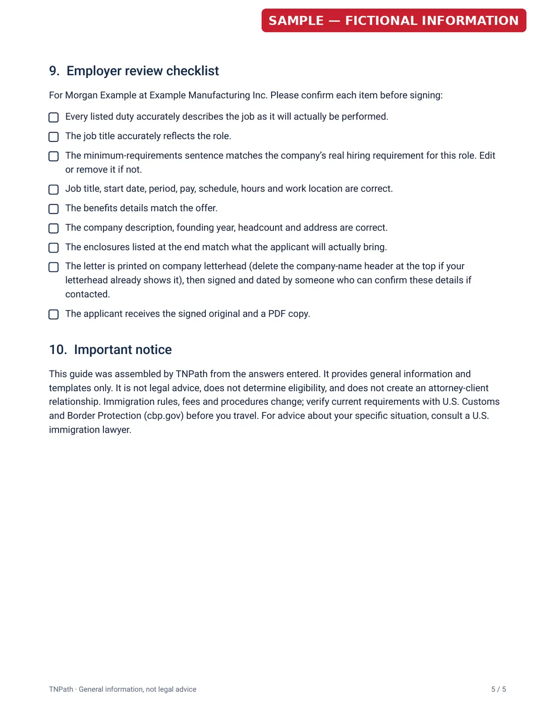 Sample packet guide, page 5 of 5: Employer review checklist and important notice. Fictional applicant.
