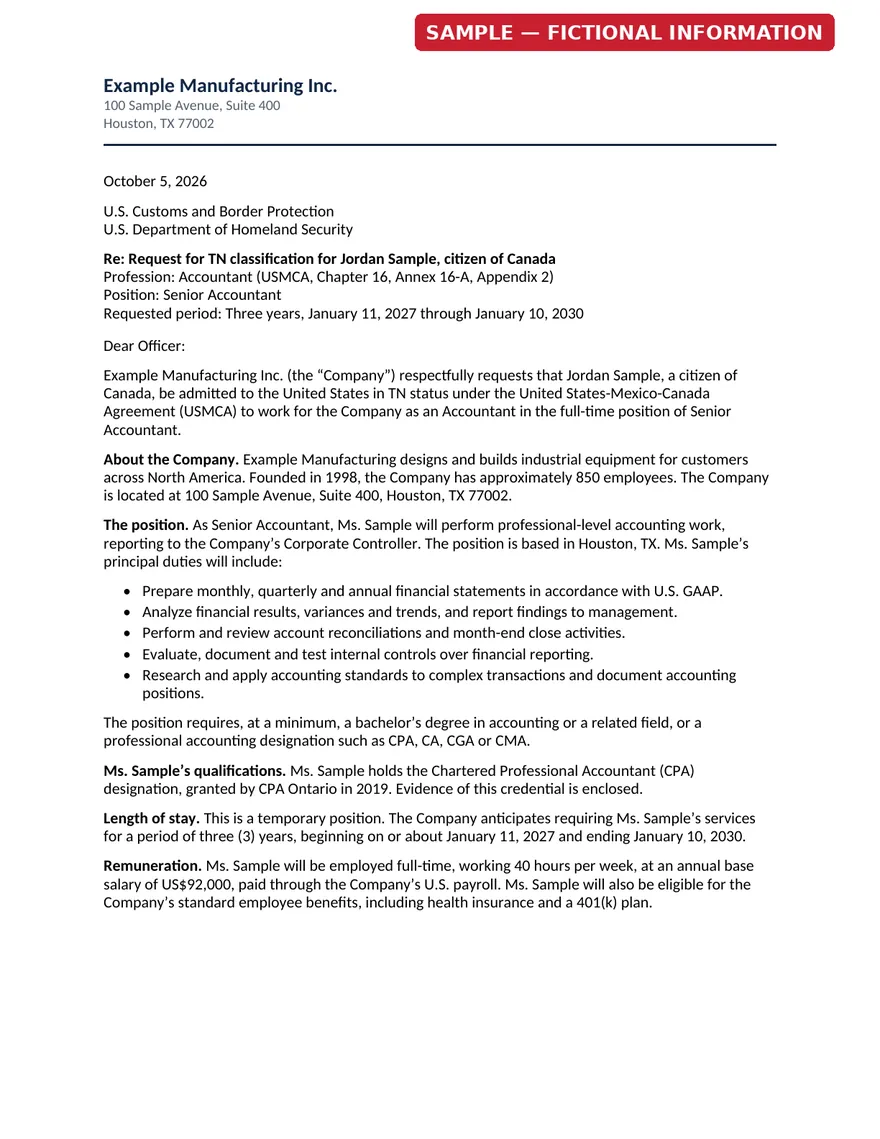 Sample employer support letter, page 1, for a fictional applicant. Opens a larger view.